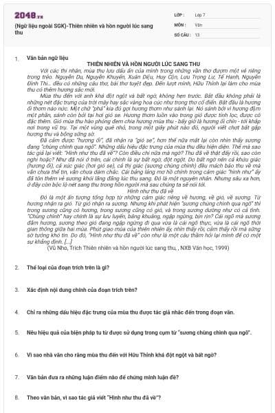 (Ngữ liệu ngoài SGK)-Thiên nhiên và hồn người lúc sang thu