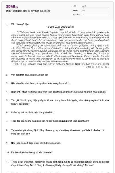 (Ngữ liệu ngoài sgk) 10 quy luật cuộc sống