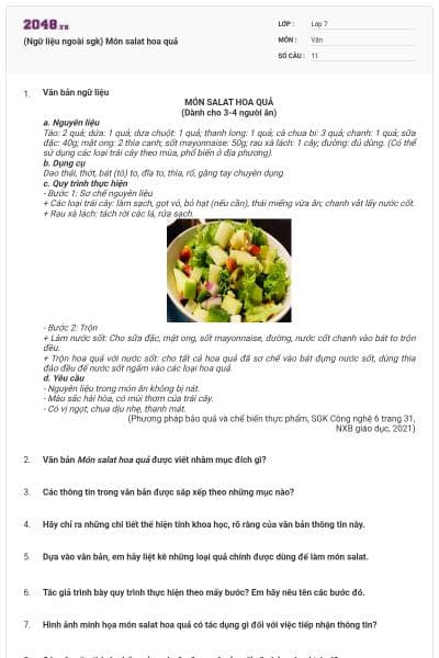 (Ngữ liệu ngoài sgk) Món salat hoa quả