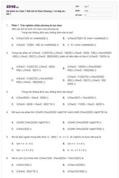 Đề kiểm tra Toán 7 Kết nối tri thức Chương 1 có đáp án - Đề 1