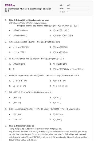 Đề kiểm tra Toán 7 Kết nối tri thức Chương 1 có đáp án - Đề 2
