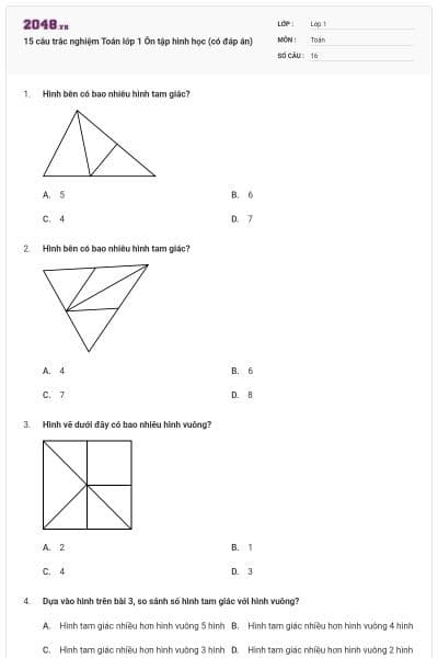 15 câu trắc nghiệm Toán lớp 1 Ôn tập hình học (có đáp án)