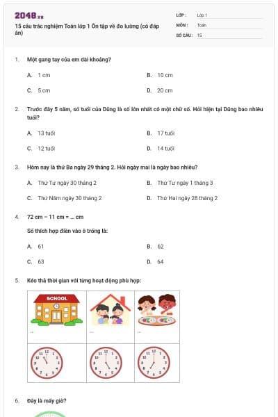 15 câu trắc nghiệm Toán lớp 1 Ôn tập về đo lường (có đáp án)