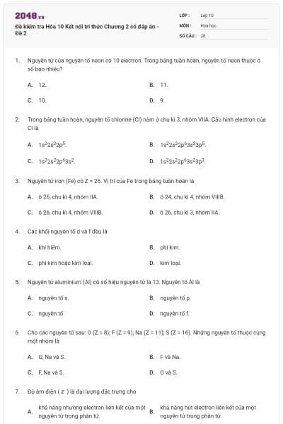 Đề kiểm tra Hóa 10 Kết nối tri thức Chương 2 có đáp án - Đề 2