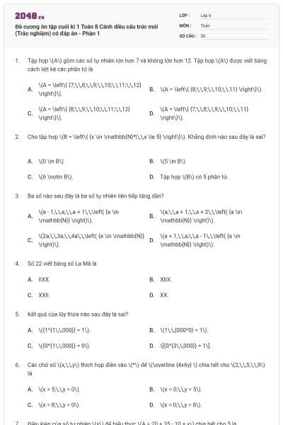 Đề cương ôn tập cuối kì 1 Toán 8 Cánh diều cấu trúc mới (Trắc nghiệm) có đáp án - Phần 1