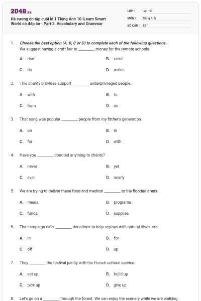 Đề cương ôn tập cuối kì 1 Tiếng Anh 10 iLearn Smart World có đáp án - Part 2. Vocabulary and Grammar