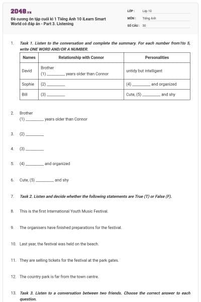 Đề cương ôn tập cuối kì 1 Tiếng Anh 10 iLearn Smart World có đáp án - Part 3. Listening