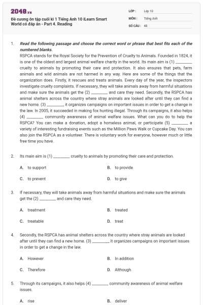 Đề cương ôn tập cuối kì 1 Tiếng Anh 10 iLearn Smart World có đáp án - Part 4. Reading