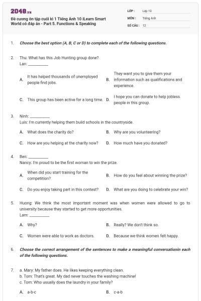 Đề cương ôn tập cuối kì 1 Tiếng Anh 10 iLearn Smart World có đáp án - Part 5. Functions & Speaking