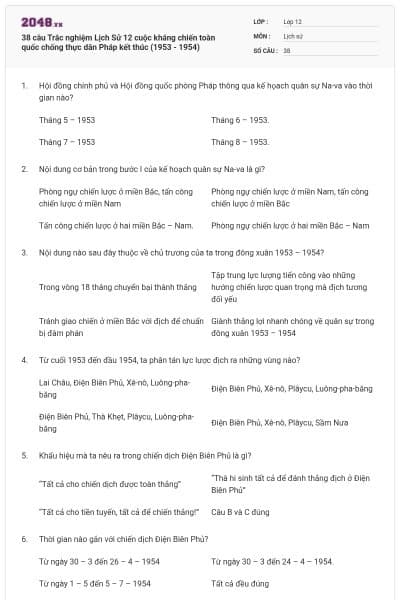 38 câu Trắc nghiệm Lịch Sử 12 cuộc kháng chiến toàn quốc chống thực dân Pháp kết thúc (1953 - 1954)