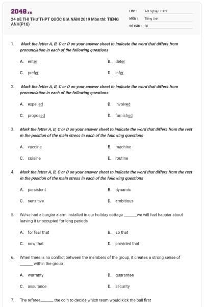 24 ĐỀ THI THỬ THPT QUỐC GIA NĂM 2019 Môn thi: TIẾNG ANH(P16)