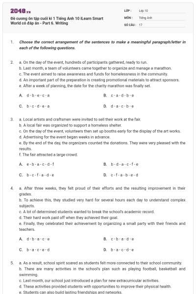 Đề cương ôn tập cuối kì 1 Tiếng Anh 10 iLearn Smart World có đáp án - Part 6. Writing