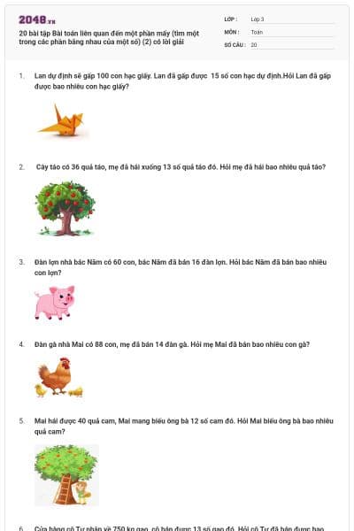 20 bài tập Bài toán liên quan đến một phần mấy (tìm một trong các phần bằng nhau của một số) (2) có lời giải