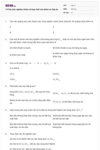 14 Câu trắc nghiệm nhôm và hợp chất của nhôm có đáp án