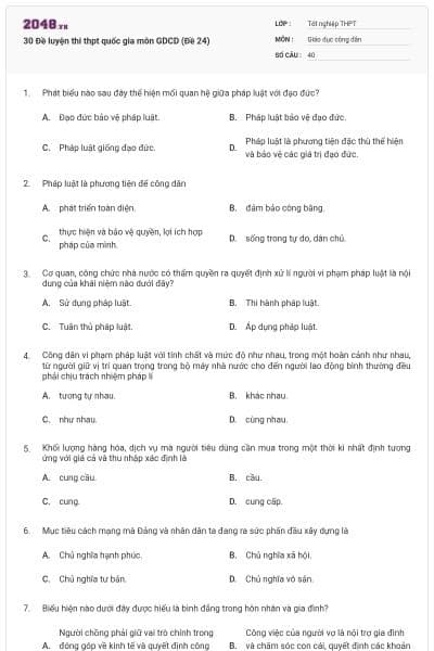 30 Đề luyện thi thpt quốc gia môn GDCD (Đề 24)