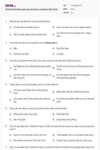 20 Đề thi thử thpt quốc gia môn Địa lí có đáp án (Đề số 03)