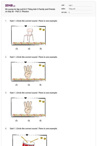 Đề cương ôn tập cuối kì 2 Tiếng Anh 3 Family and Friends có đáp án - Part 2. Phonics
