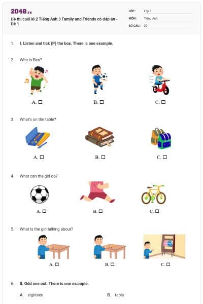 Đề thi cuối kì 2 Tiếng Anh 3 Family and Friends có đáp án - Đề 1