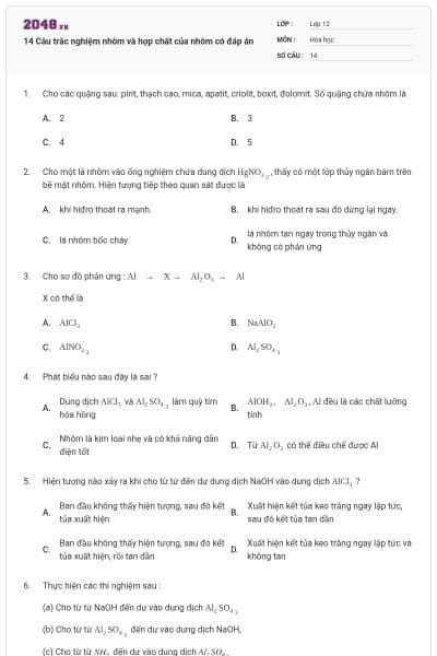 14 Câu trắc nghiệm nhôm và hợp chất của nhôm có đáp án