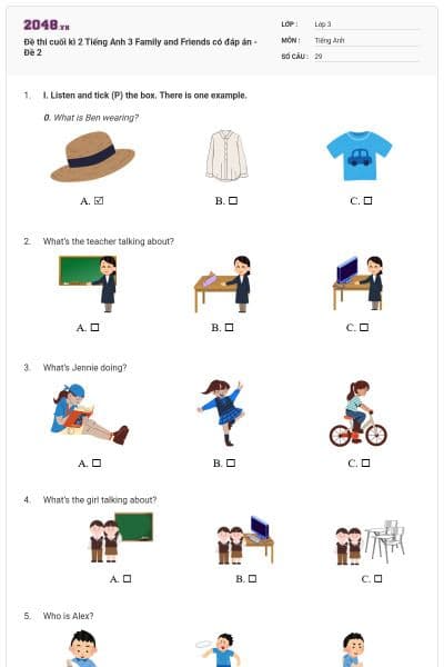 Đề thi cuối kì 2 Tiếng Anh 3 Family and Friends có đáp án - Đề 2