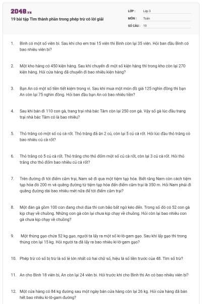 19 bài tập Tìm thành phần trong phép trừ có lời giải