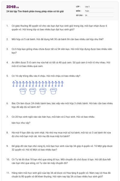 24 bài tập Tìm thành phần trong phép nhân có lời giải