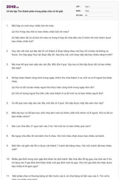 24 bài tập Tìm thành phần trong phép chia có lời giải
