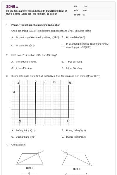 20 câu Trắc nghiệm Toán 6 Kết nối tri thức Bài 21: Hình có trục đối xứng (Đúng sai - Trả lời ngắn) có đáp án