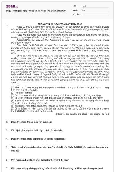 (Ngữ liệu ngoài sgk) Thông tin về ngày Trái Đất năm 2000