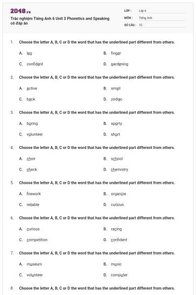 Trắc nghiệm Tiếng Anh 6 Unit 3 Phonetics and Speaking có đáp án