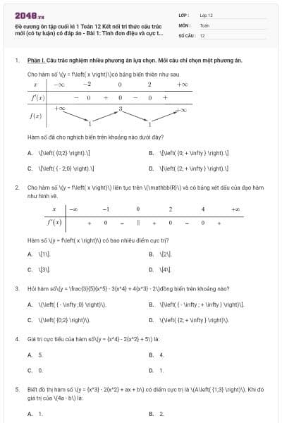 Đề cương ôn tập cuối kì 1 Toán 12 Kết nối tri thức cấu trúc mới (có tự luận) có đáp án - Bài 1: Tính đơn điệu và cực trị của hàm số