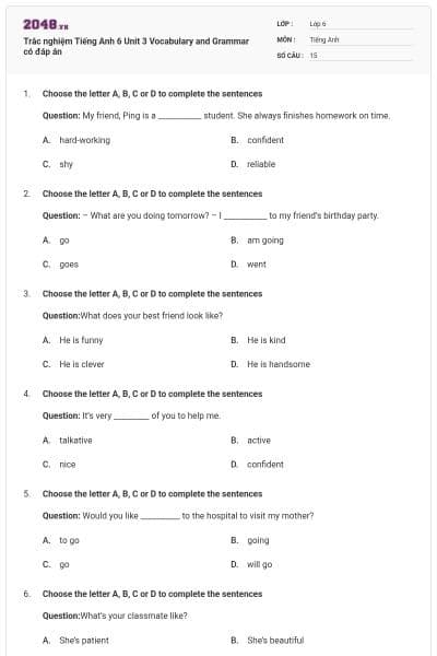 Trắc nghiệm Tiếng Anh 6 Unit 3 Vocabulary and Grammar có đáp án