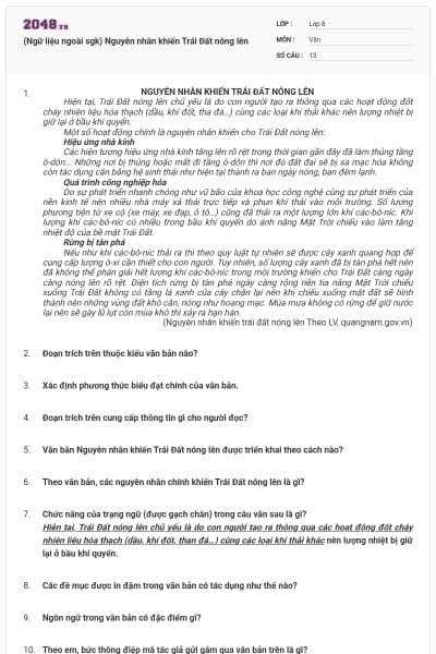 (Ngữ liệu ngoài sgk) Nguyên nhân khiến Trái Đất nóng lên