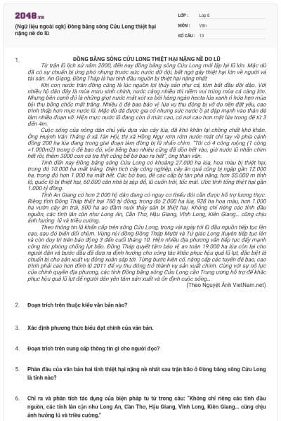 (Ngữ liệu ngoài sgk) Đòng bằng sông Cửu Long thiệt hại nặng nề do lũ