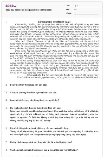 (Ngữ liệu ngoài sgk) Sống xanh cho Trái Đất xanh