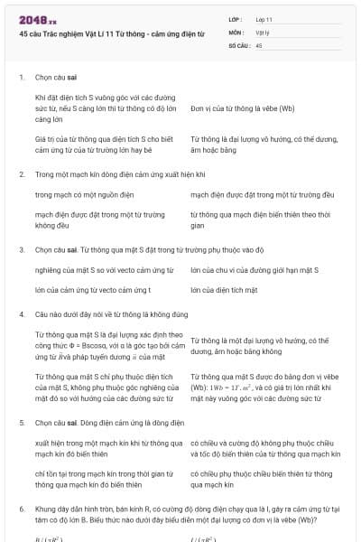 45 câu Trắc nghiệm Vật Lí 11 Từ thông - cảm ứng điện từ