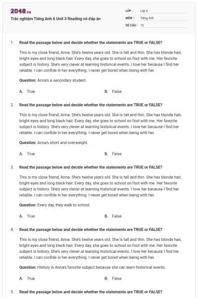 Trắc nghiệm Tiếng Anh 6 Unit 3 Reading có đáp án