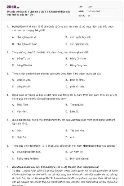 Bộ 2 đề thi Giữa kì 1 Lịch sử & Địa lí 9 Kết nối tri thức cấu trúc mới có đáp án - Đề 1
