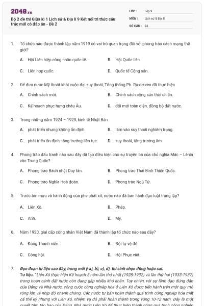 Bộ 2 đề thi Giữa kì 1 Lịch sử & Địa lí 9 Kết nối tri thức cấu trúc mới có đáp án - Đề 2