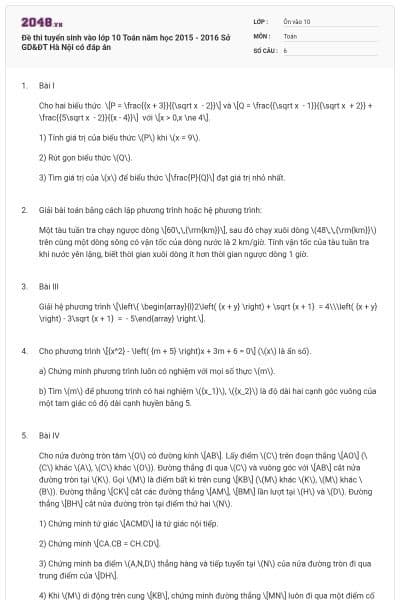 Đề thi tuyển sinh vào lớp 10 Toán năm học 2015 - 2016 Sở GD&ĐT Hà Nội có đáp án