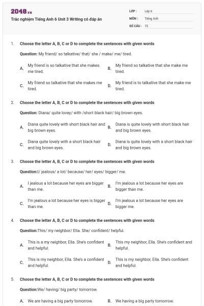 Trắc nghiệm Tiếng Anh 6 Unit 3 Writing có đáp án