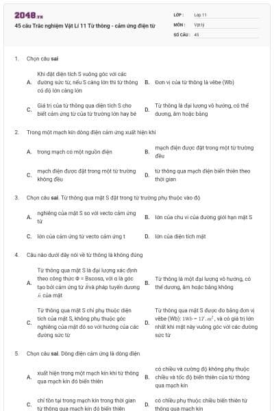 45 câu Trắc nghiệm Vật Lí 11 Từ thông - cảm ứng điện từ