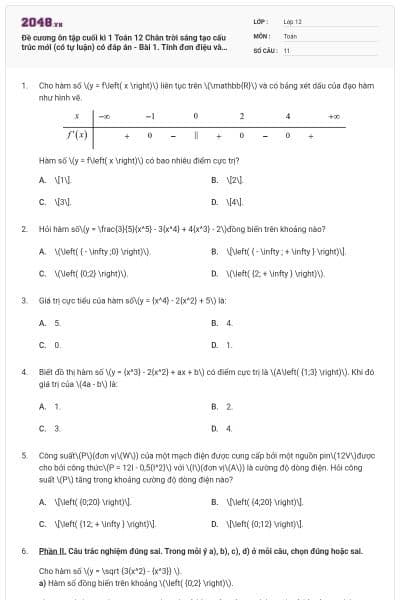 Đề cương ôn tập cuối kì 1 Toán 12 Chân trời sáng tạo cấu trúc mới (có tự luận) có đáp án - Bài 1. Tính đơn điệu và cực trị của hàm số