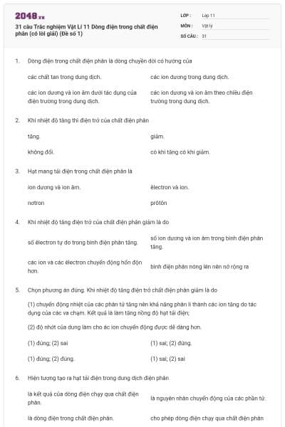 31 câu Trắc nghiệm Vật Lí 11 Dòng điện trong chất điện phân (có lời giải) (Đề số 1)