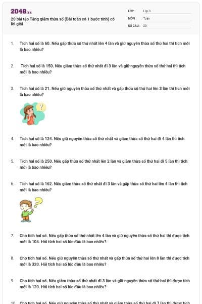 20 bài tập Tăng giảm thừa số (Bài toán có 1 bước tính) có lời giải