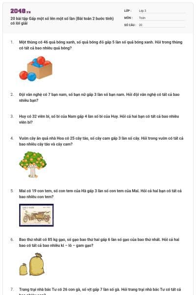 20 bài tập Gấp một số lên một số lần (Bài toán 2 bước tính) có lời giải