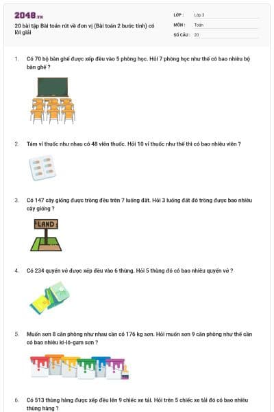 20 bài tập Bài toán rút về đơn vị (Bài toán 2 bước tính) có lời giải