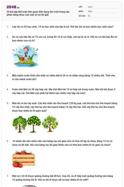 20 bài tập Bài toán liên quan đến dạng tìm một trong các phần bằng nhau của một số có lời giải