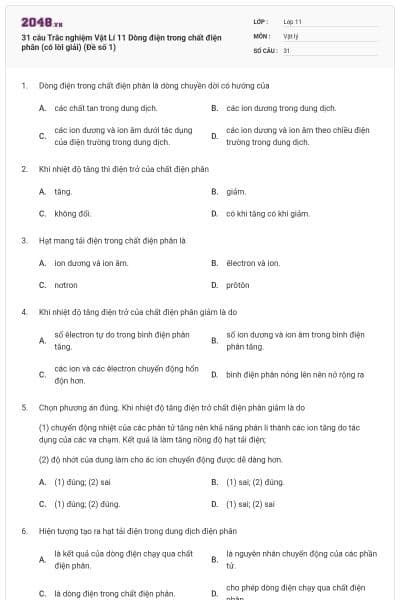 31 câu Trắc nghiệm Vật Lí 11 Dòng điện trong chất điện phân (có lời giải) (Đề số 1)