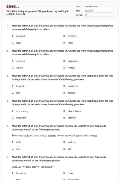Đề thi thử thpt quốc gia môn Tiếng Anh cực hay có lời giải chi tiết ( Đề số 5)